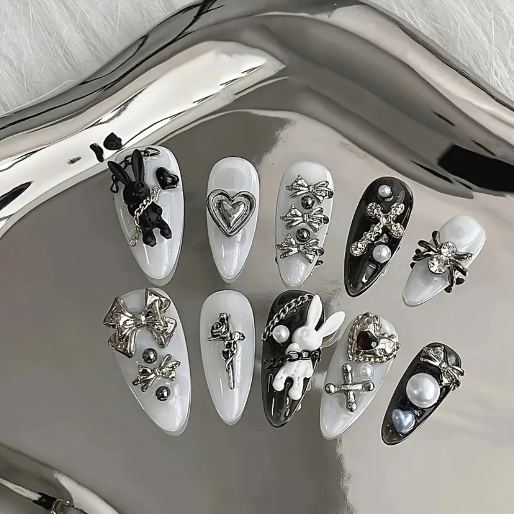 Nail Art Gothic - NOWE 10 szt. personalizowanych czarno-białych ozdób