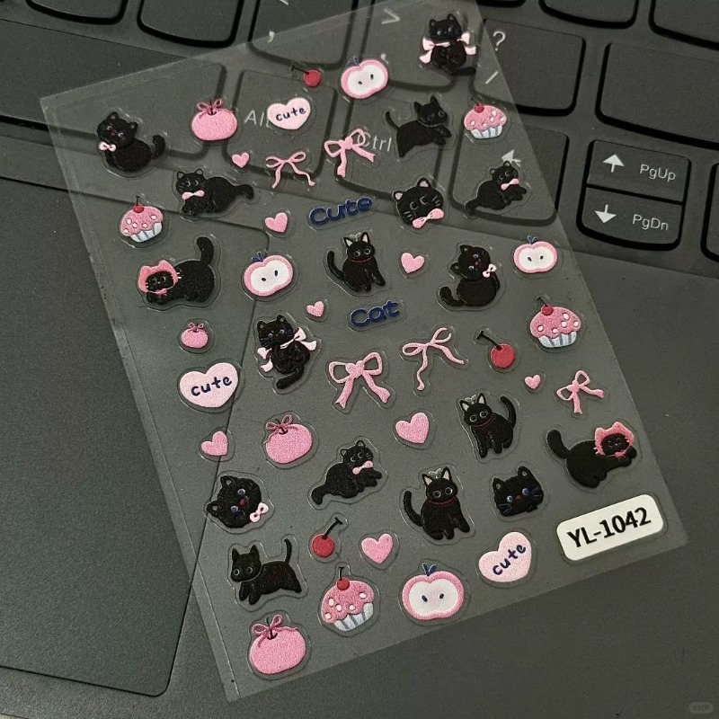 Nail Art Jelly - Urocza kreskówkowa kokardka, czarny kot, naklejka